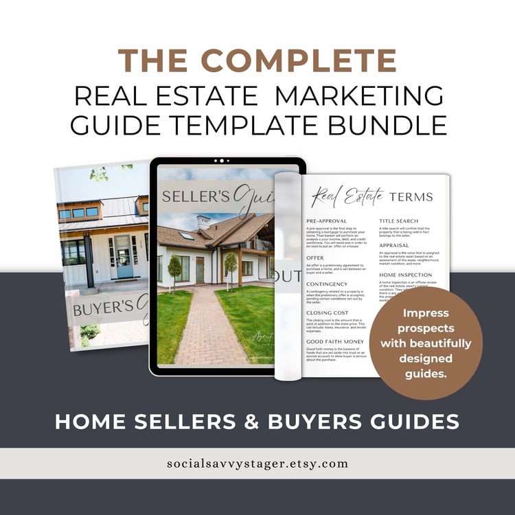 Customizable Canva templates for real estate marketing showing buyer and seller guide pages with editable fonts, colors, and images