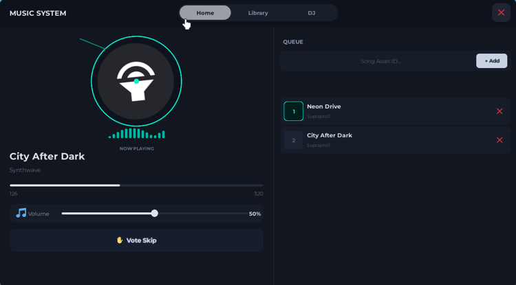 Neon cyber Roblox music player UI with animated vinyl disc