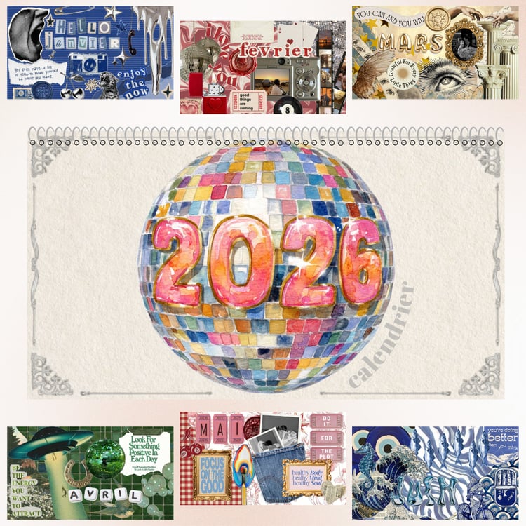 Aperçu d'un calendrier numérique 2026 à spirales avec une boule à facettes colorée et six collages de photos thématiques pour janvier à juin.