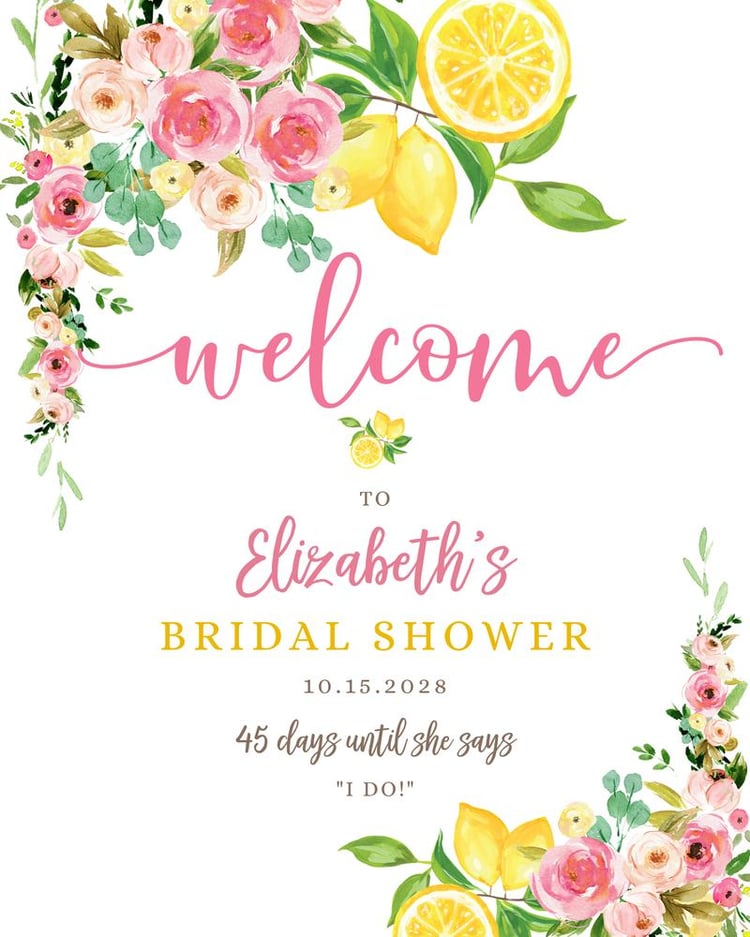 Editable Pink Floral Lemon Bridal Shower & Baby Shower Welcome Sign Canva
