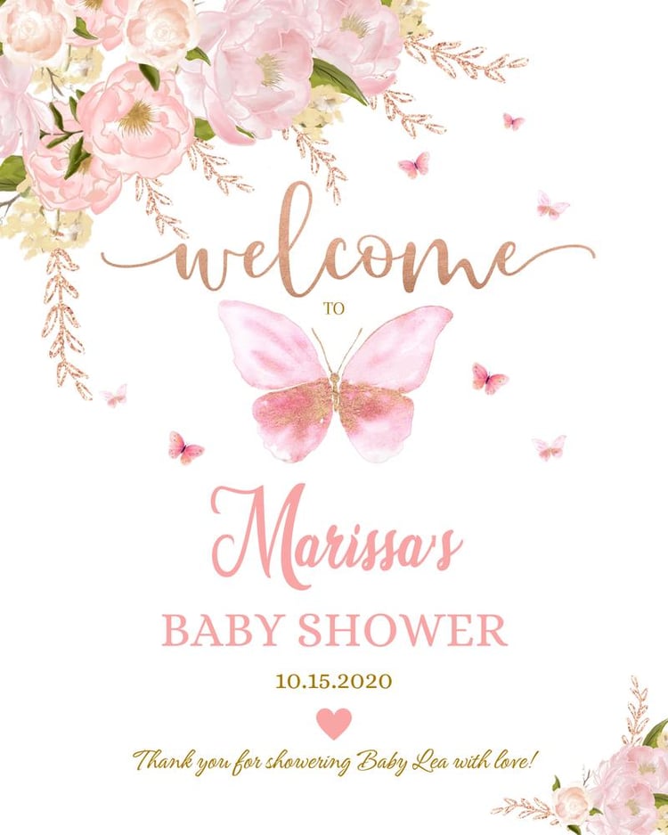 Pink Rose Gold Butterfly Welcome Yard Sign | Editable Canva Template