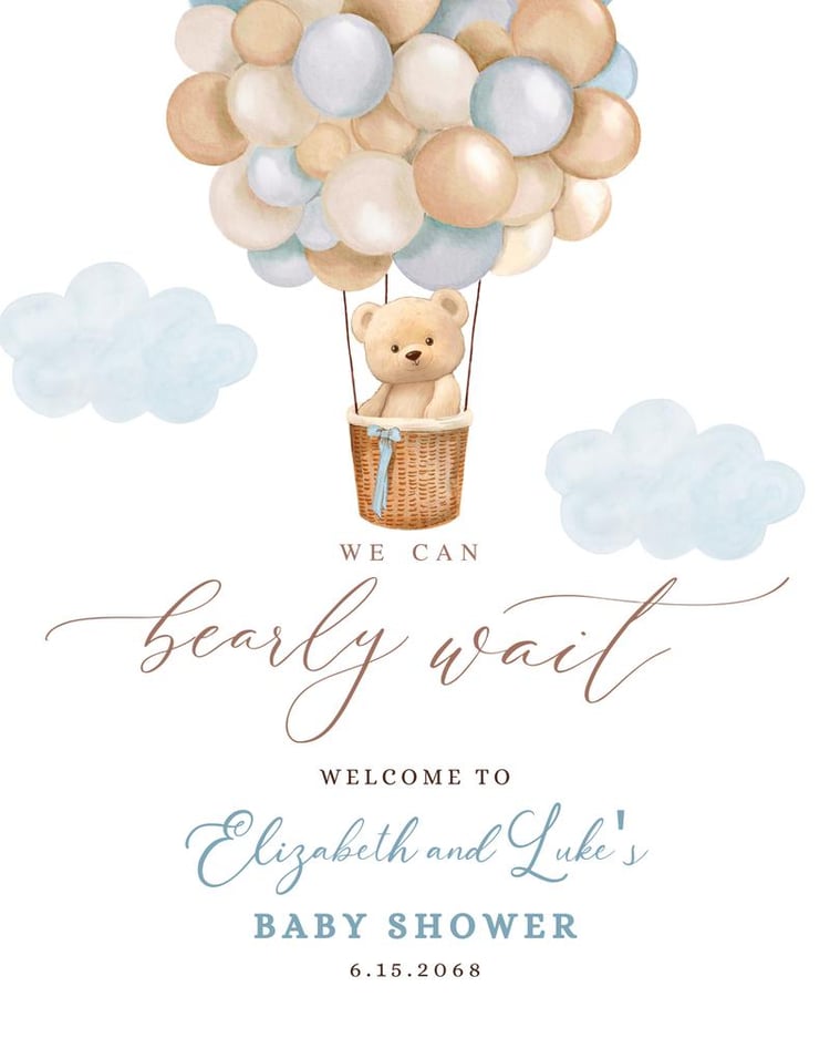 Blue Hot Air Balloon Bear Baby Shower Welcome Sign Canva Template