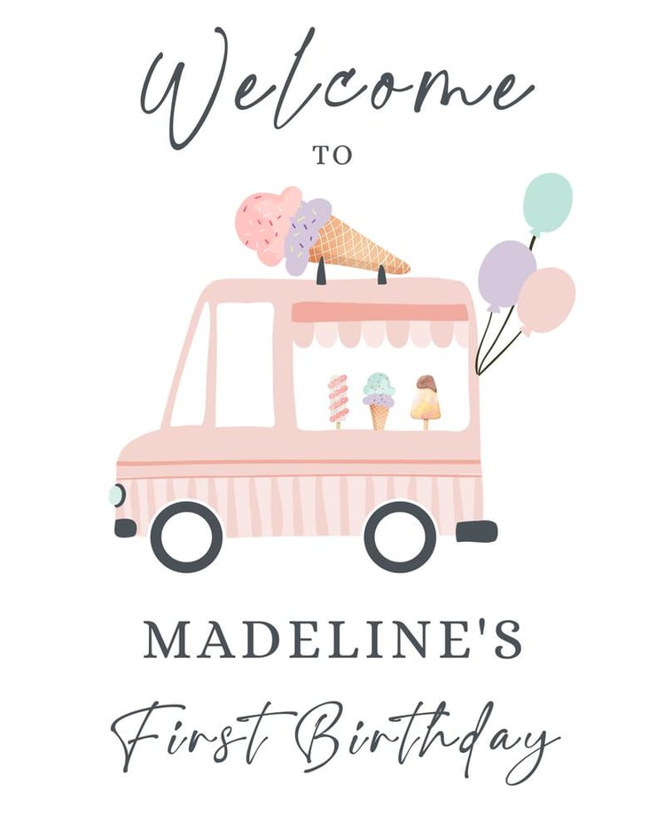 Editable Ice Cream Truck Birthday Welcome Sign - Pink & Purple Canva Template