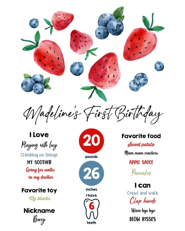 Berry First Birthday Milestones Sign | Editable Farmers Market Canva Template
