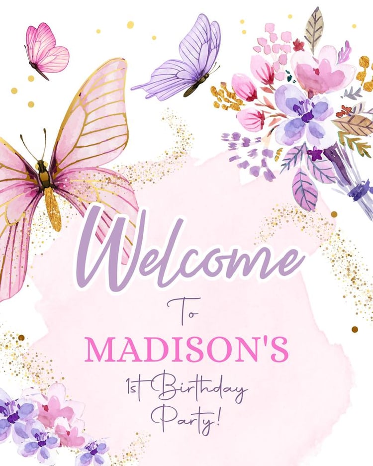 Butterfly Birthday Welcome Sign Template | Pink & Gold Floral Garden Poster