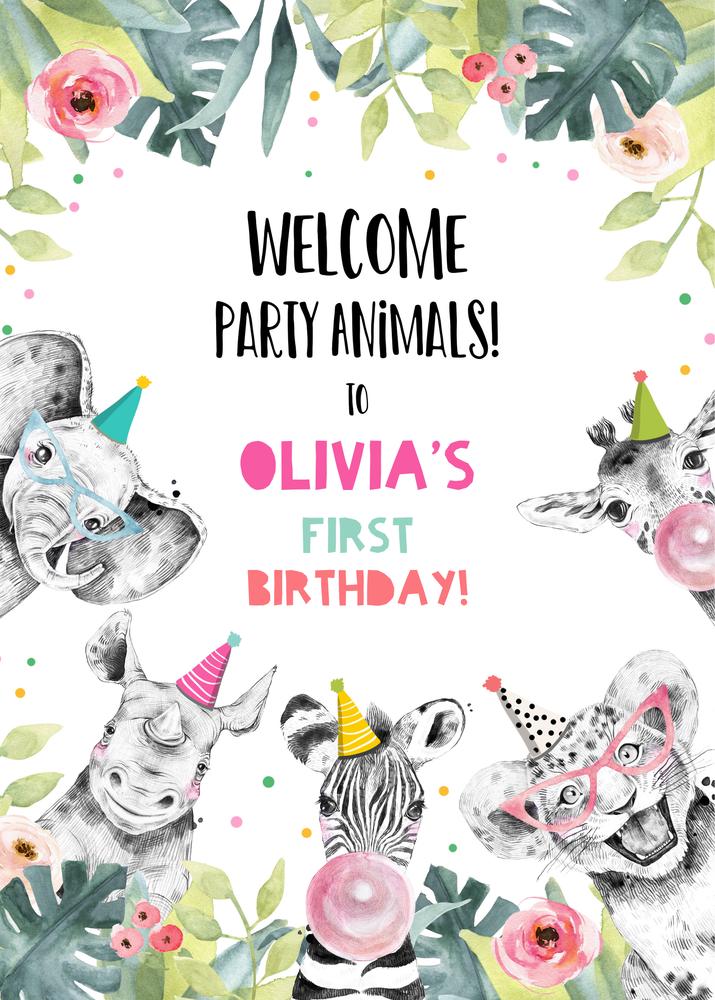 Editable Party Animals Welcome Sign | Pink Jungle Safari Birthday Template