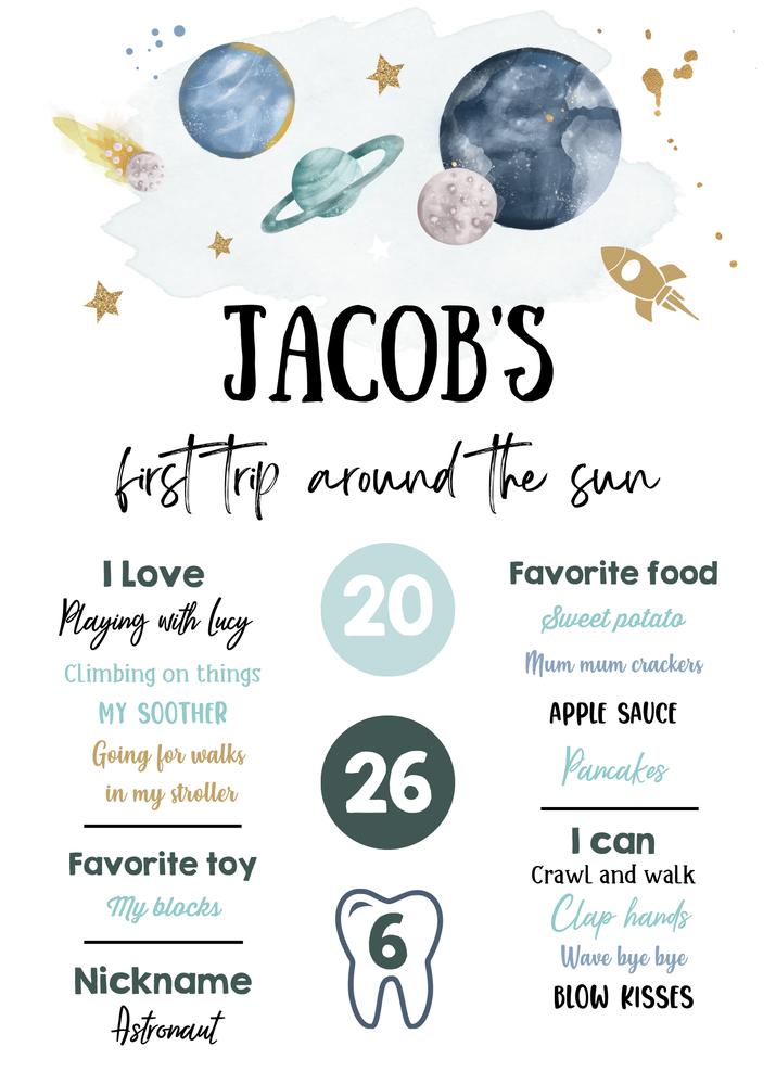 Editable First Trip Around the Sun Birthday Milestone Sign | Space Canva Template