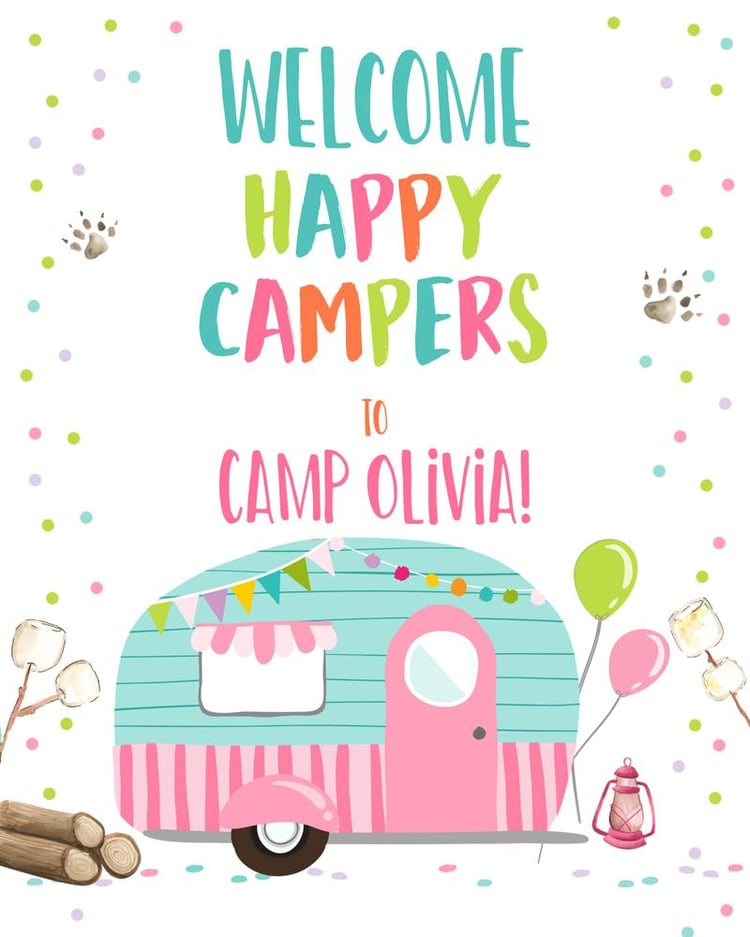 Editable Happy Camper Welcome Sign | Pink Girl Camping Birthday Template