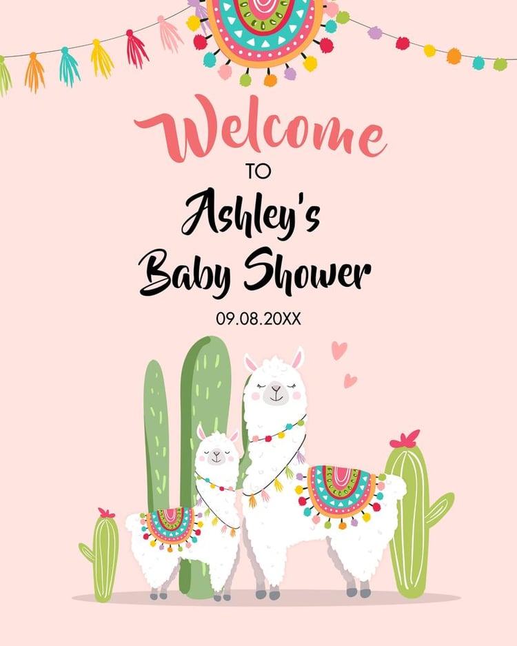 Editable Llama Baby Shower Welcome Sign | Pink Floral Cactus Fiesta Canva
