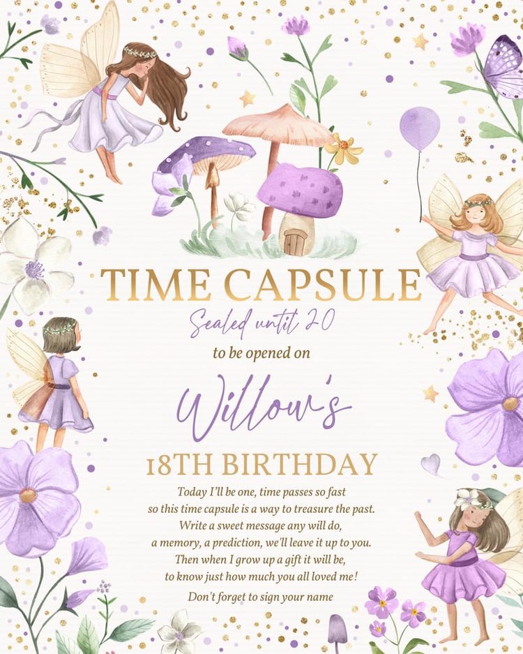 Fairy Birthday Invite & Time Capsule Card | Magical Floral Canva Template
