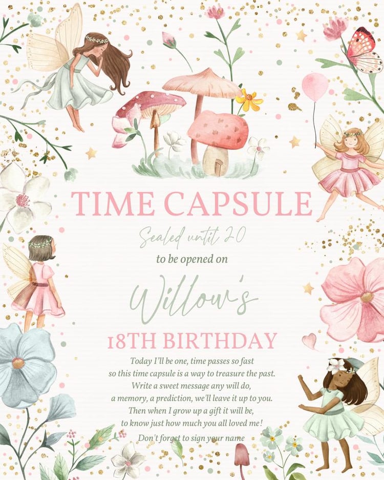 Editable Fairy Birthday Party Time Capsule Card | Enchanted Floral Canva Template