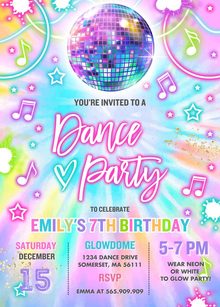 Editable Neon Dance Birthday Invitation & Bottle Labels - Glow Party Canva Set