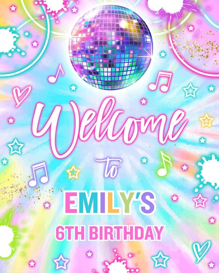 Neon Tie Dye Dance Birthday Welcome Sign | Glow Disco Party Canva Template
