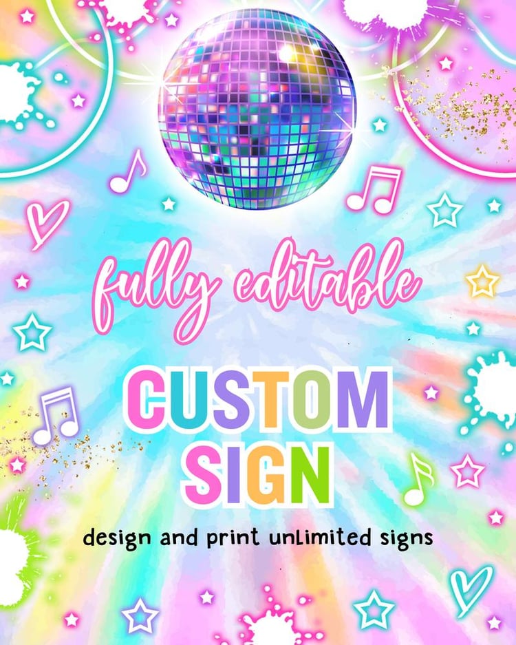 Tie Dye Glow Dance Party Table Sign | Editable Disco Neon Canva Template