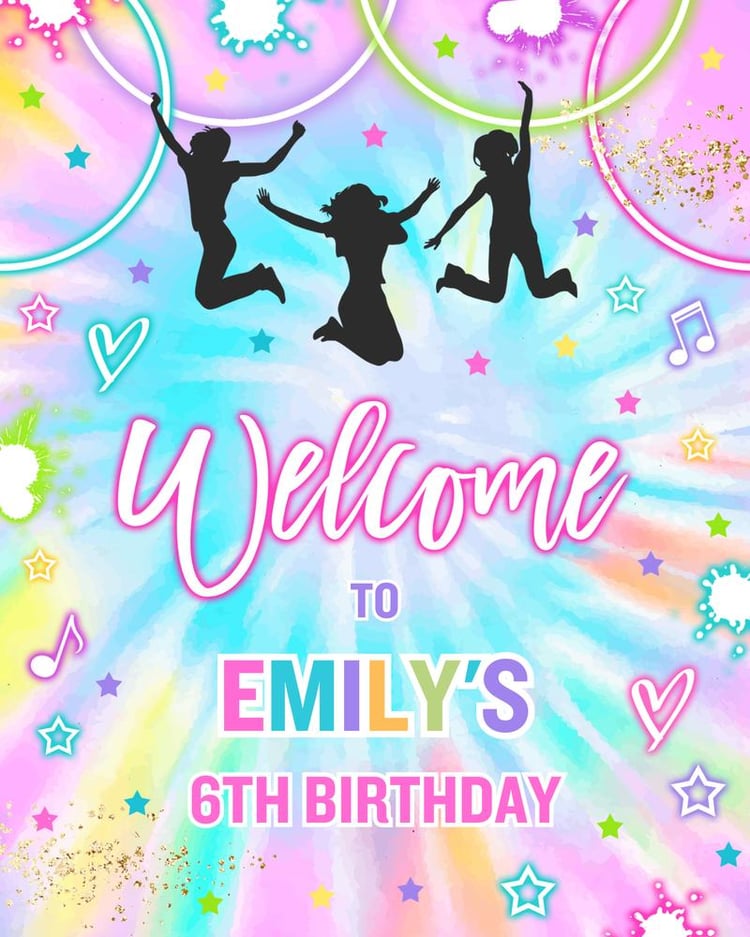 Tie Dye Glow Jump Birthday Welcome Sign | Editable Canva Trampoline Party Decor