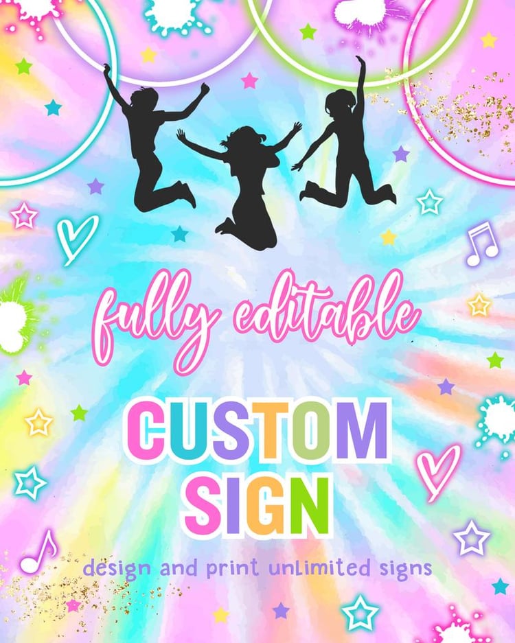 Tie Dye Glow Jump Birthday Party Sign - Editable Canva Template