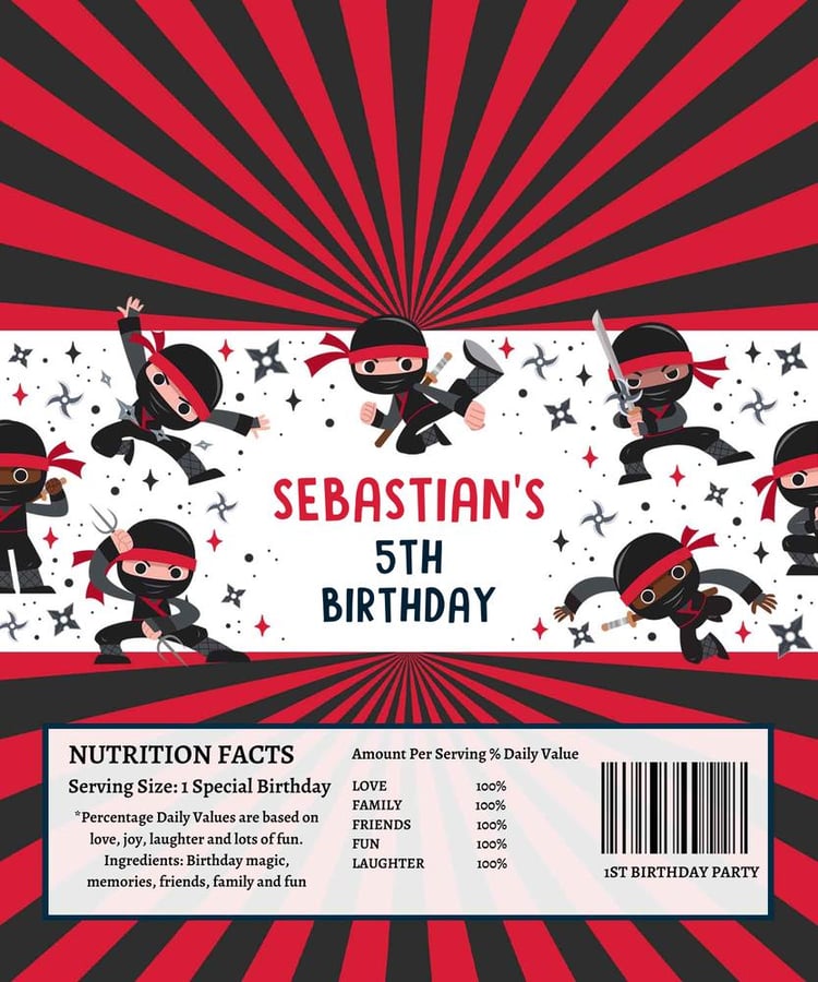 Editable Ninja Birthday Party Candy Bar Wrappers - Karate Favor Canva Template