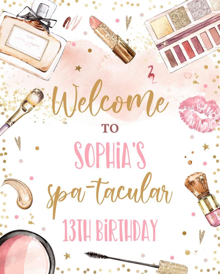 Spa & Makeup Party Welcome Sign | Editable Pink Gold Glitz & Glam Birthday Decor