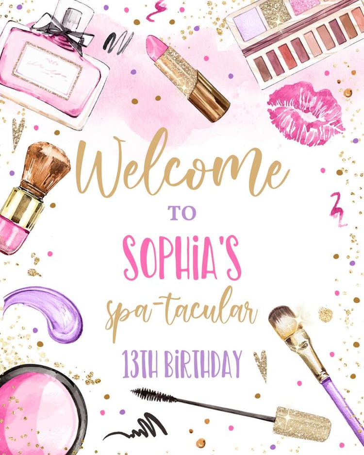 Editable Spa & Makeup Birthday Welcome Sign | Pink Purple Gold Glamour