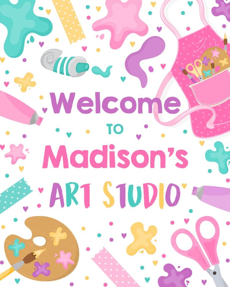 Editable Art Birthday Party Welcome Sign - Rainbow Painting Canva Template