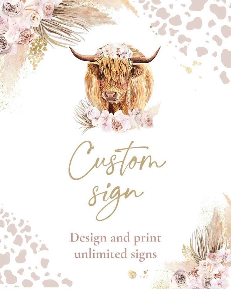 Highland Cow Birthday Sign Template | Boho Farm Floral Editable Canva Poster