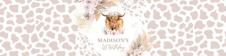 Highland Cow Water Bottle Labels | Boho Pampas Grass Birthday | Editable Canva