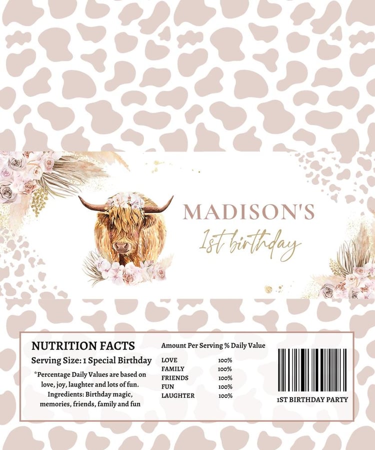 Highland Cow Birthday Candy Bar Wrapper, Boho Pampas Grass Editable Canva Template