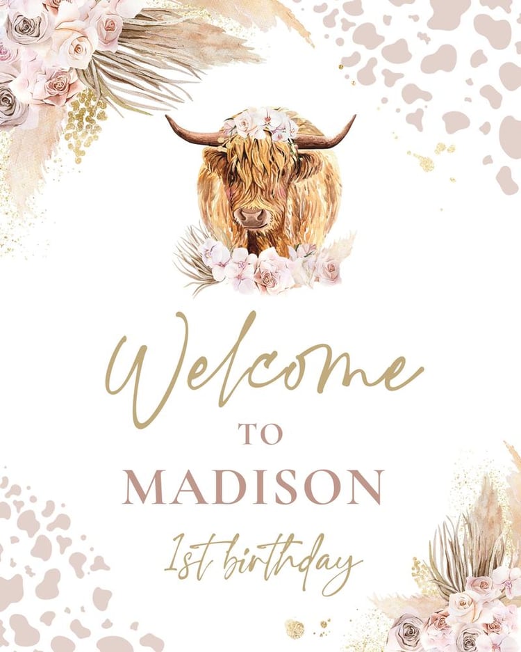 Highland Cow Birthday Welcome Sign | Boho Pampas Grass Editable Canva Template