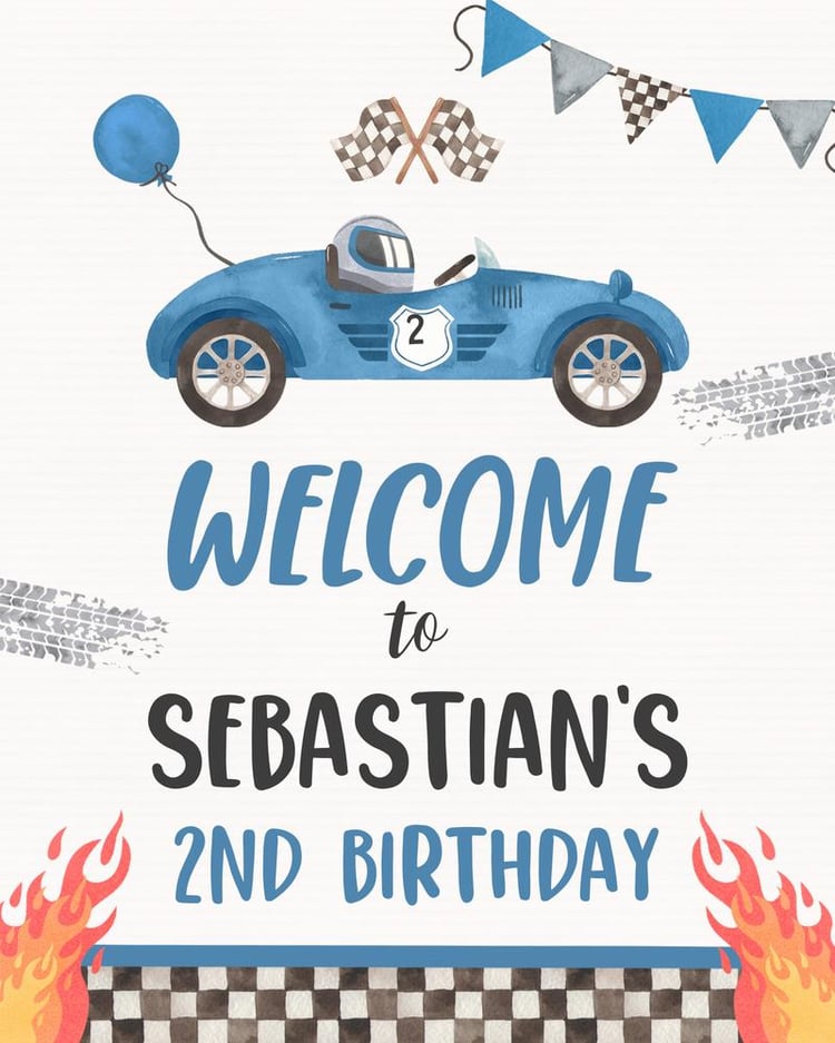 Race Car 2nd Birthday Welcome Sign - Two Fast Editable Canva Template