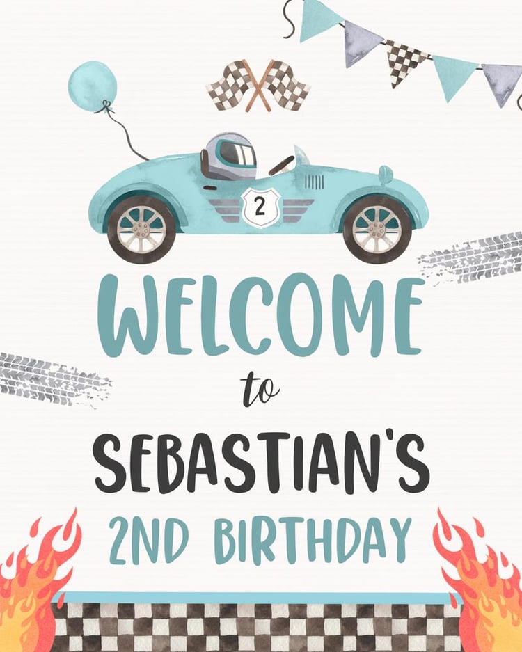Race Car 2nd Birthday Welcome Sign - Two Fast Editable Canva Template