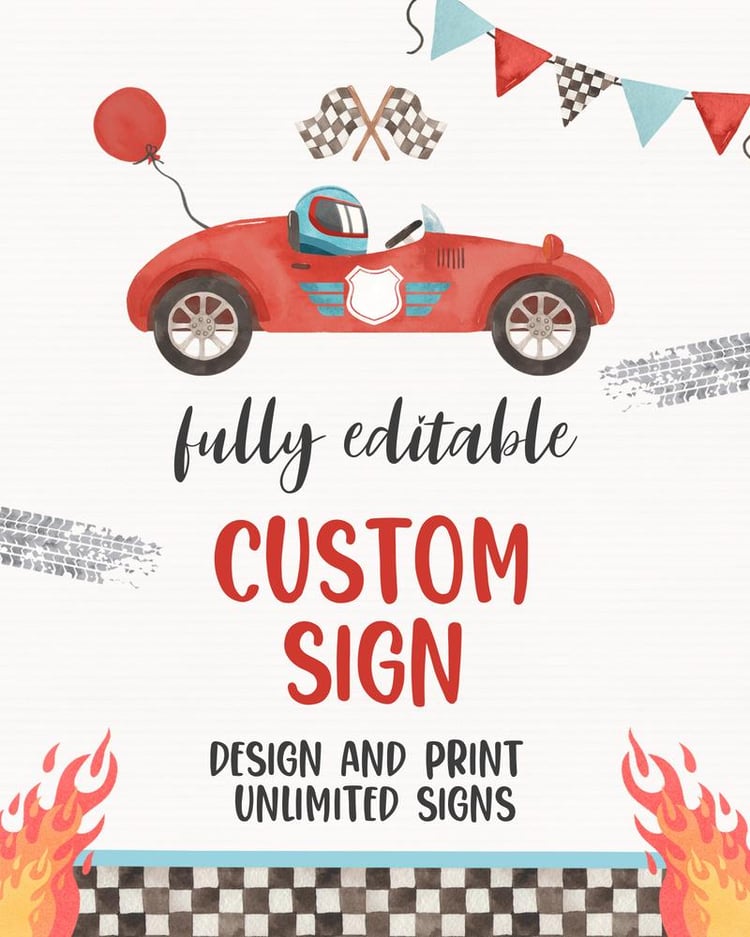 Two Fast Birthday Sign - Editable Race Car 2nd Birthday Party Poster Template