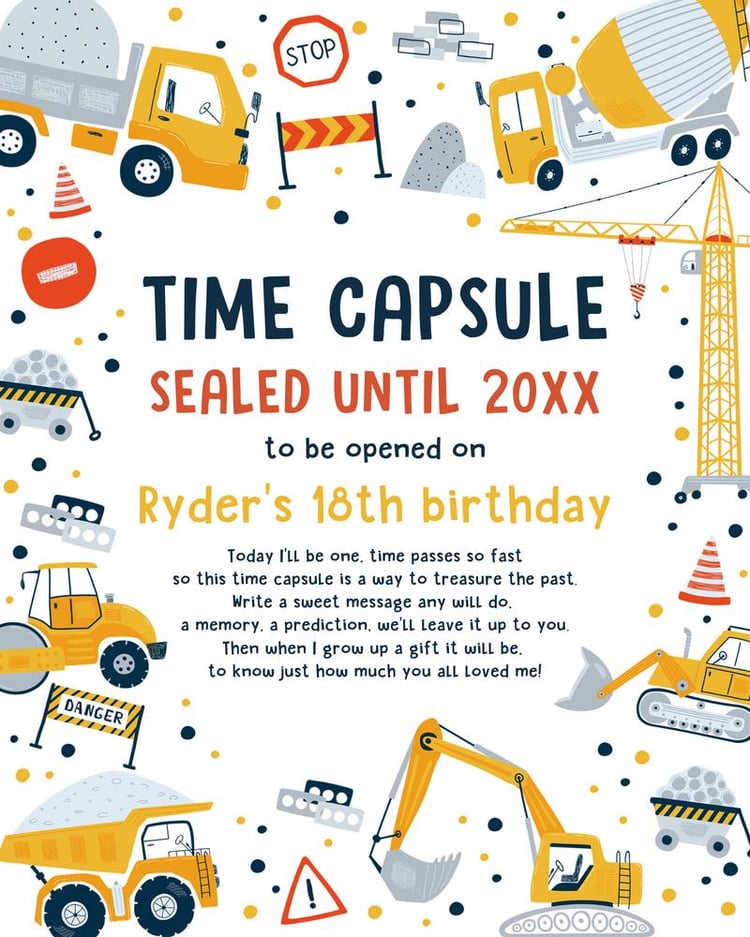 Construction Time Capsule & Note Card | Editable Canva Birthday Template