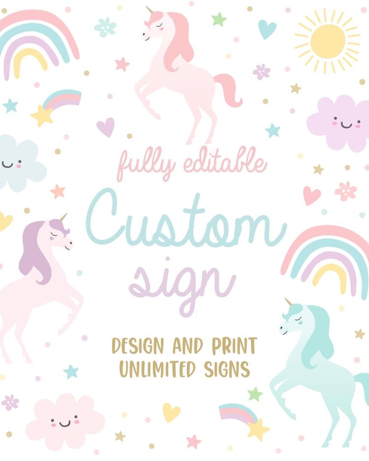 Editable Unicorn Birthday Sign - Magical Pastel Rainbow Party Decor Template