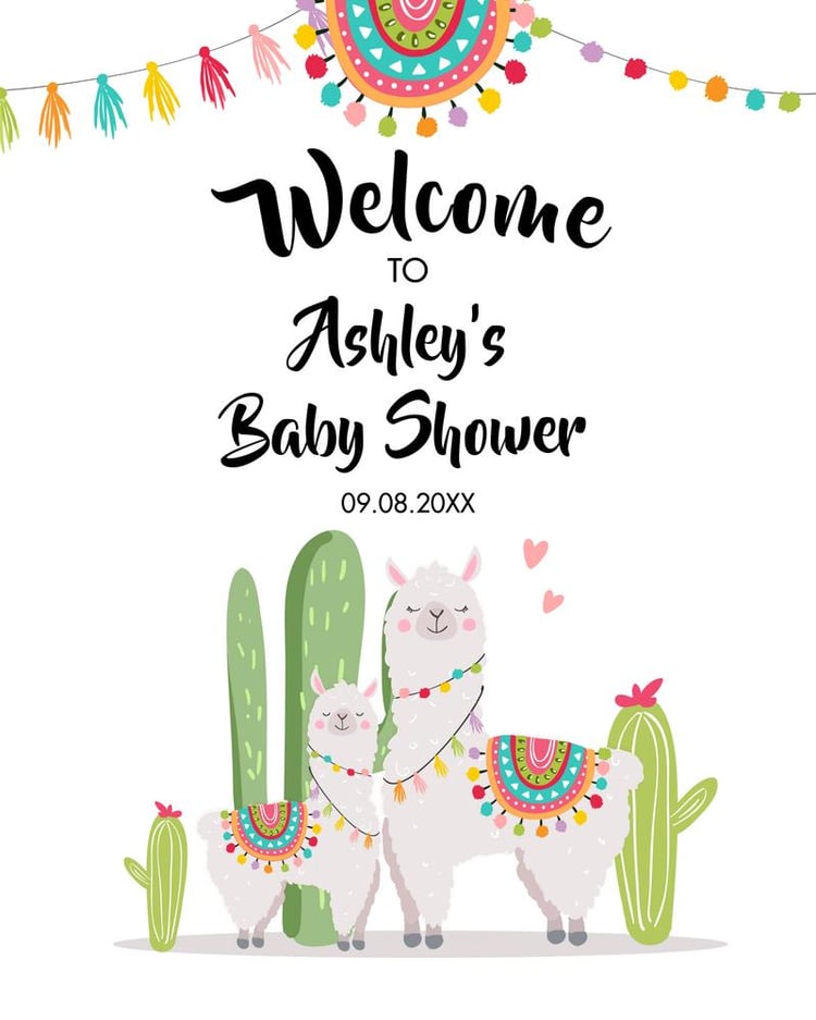 Llama Baby Shower Welcome Sign | Editable Canva Template | Fiesta Cactus Theme