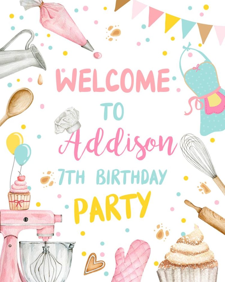 Editable Baking Birthday Welcome Sign Pink Little Chef Cupcake Party Decor