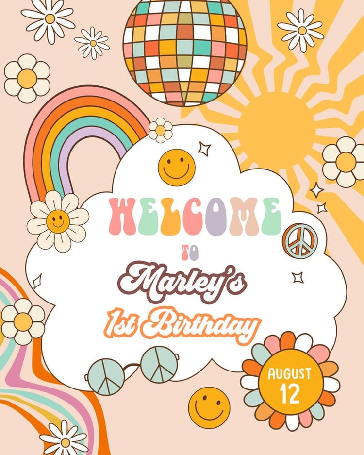 Groovy Boho Birthday Welcome Sign | Retro 70s Hippie Floral Canva Template
