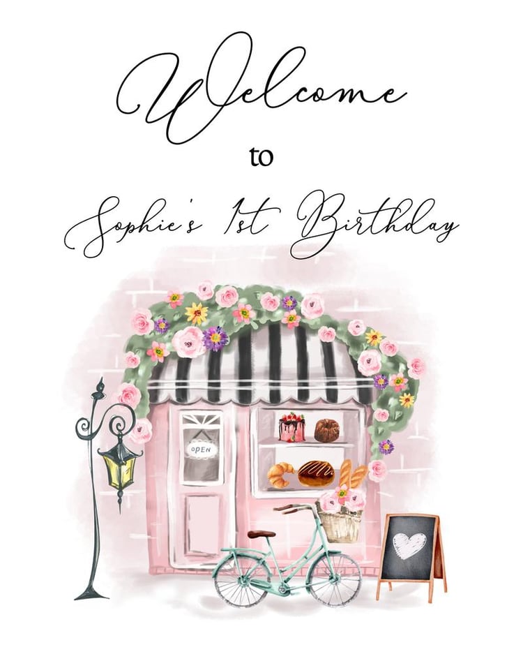 Editable French Patisserie Birthday Welcome Sign - Pink Floral Parisian Tea Party