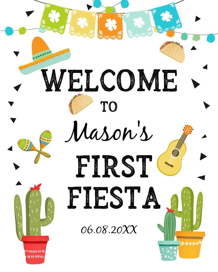 First Birthday Fiesta Welcome Sign | Editable Cactus Taco 1st Birthday Canva