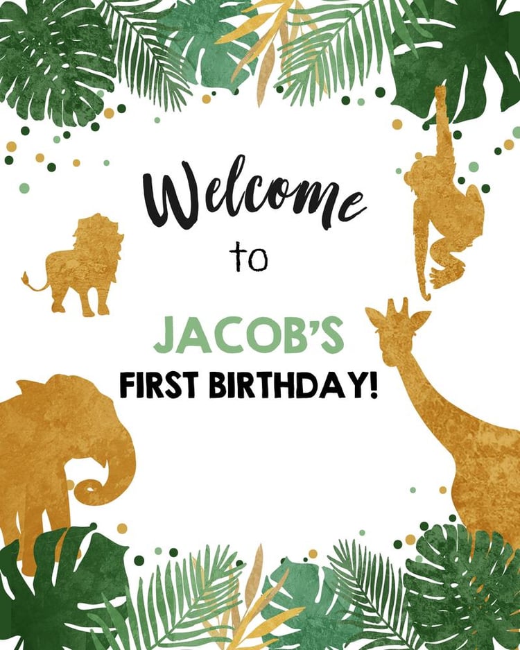Wild One Safari Birthday Welcome Sign | Editable Canva Template Black & Gold