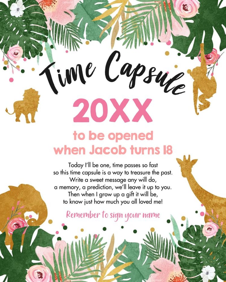 Editable Safari Time Capsule Pink & Gold First Birthday Wild One Canva Template