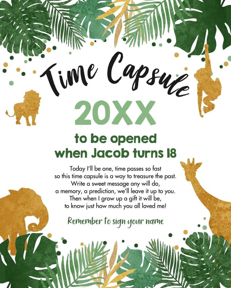 Safari Time Capsule Template - Wild One First Birthday Canva Editable