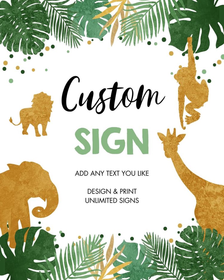 Safari Birthday Table Sign Template - Editable Jungle Green & Gold 8x10 Decor