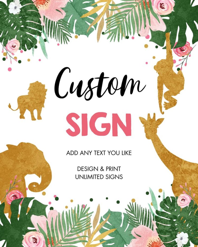 Editable Safari Birthday Table Sign | Pink & Green Jungle Girl Canva Template