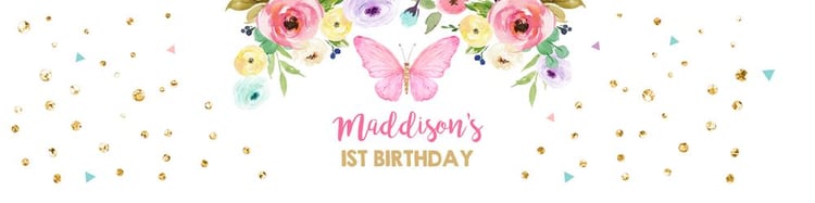 Butterfly 1st Birthday Water Bottle Labels | Pink & Gold Floral Garden Template