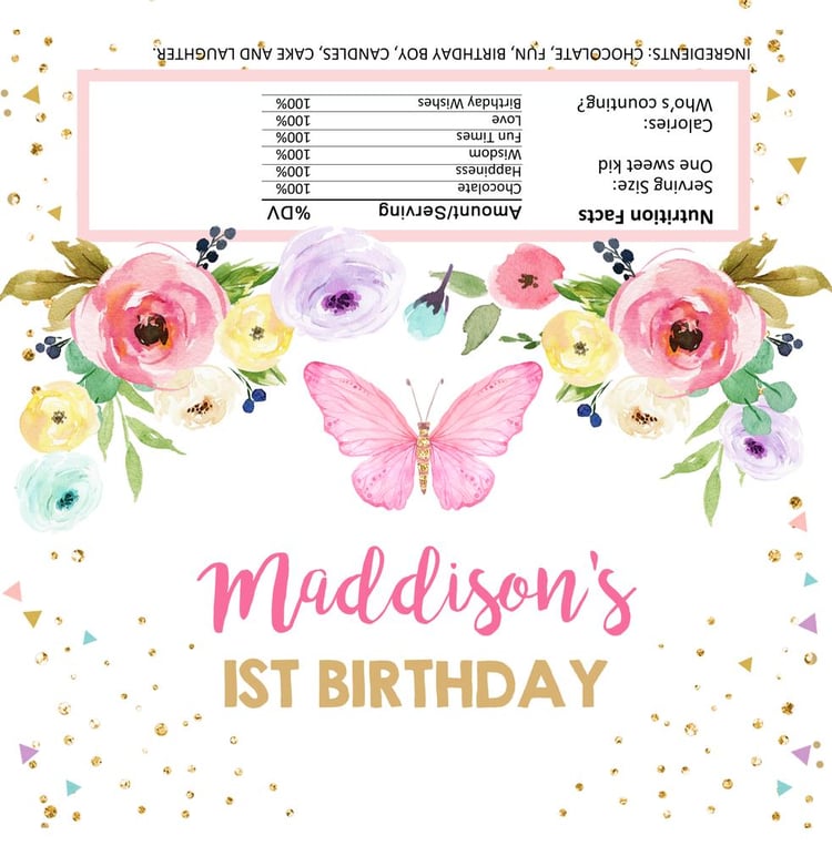 Butterfly Candy Bar Wrapper Template, Editable Pink & Gold Girl Birthday Favor