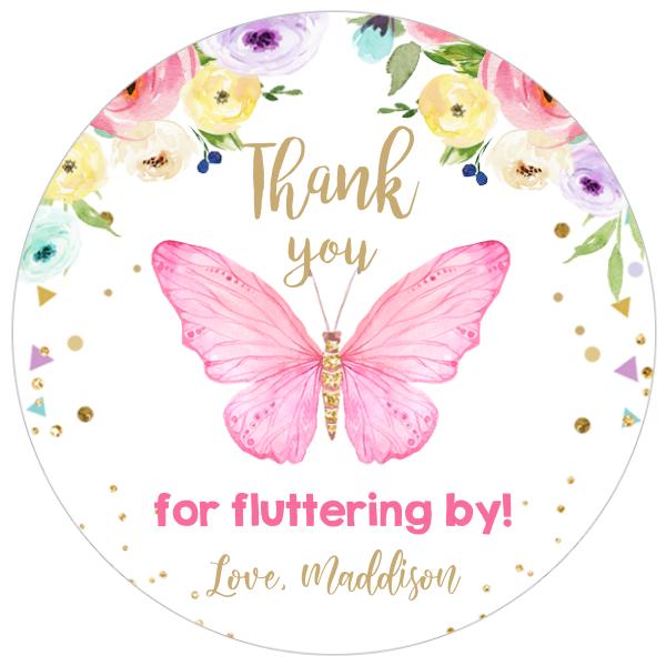 Editable Pink and Gold Butterfly Favor Tags - Floral Garden Birthday Template