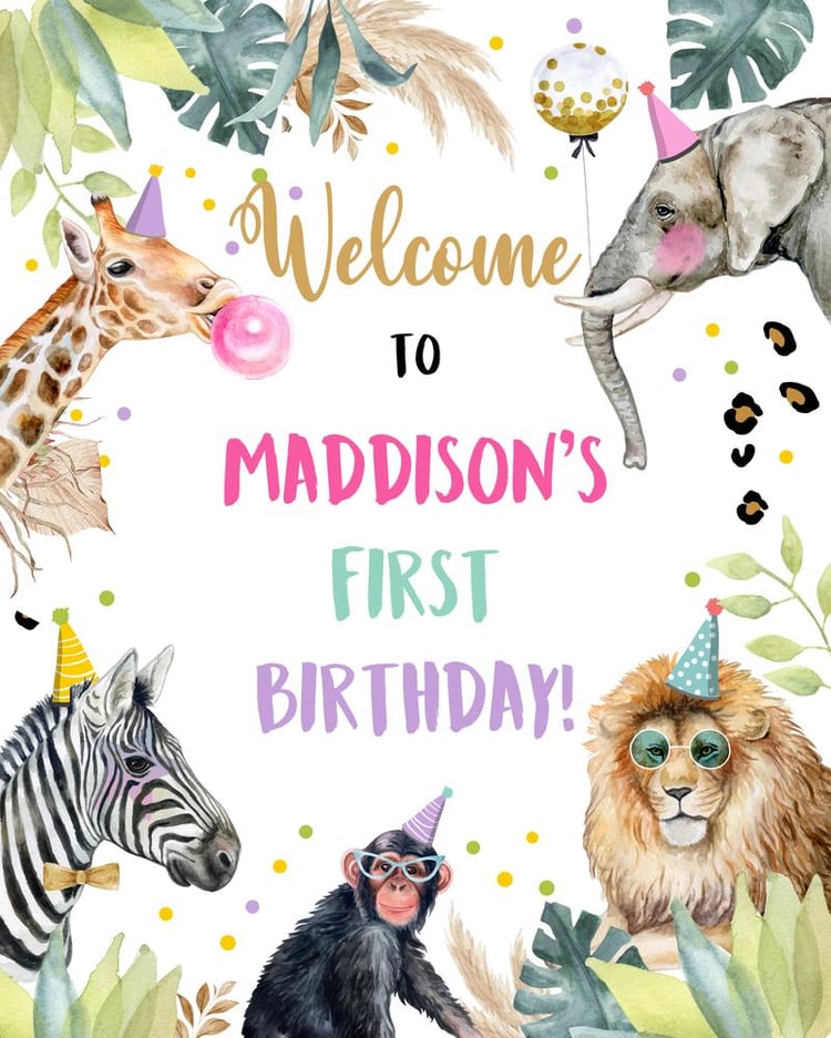 Editable Party Animals Birthday Welcome Sign - Pink Jungle Safari Girl Template