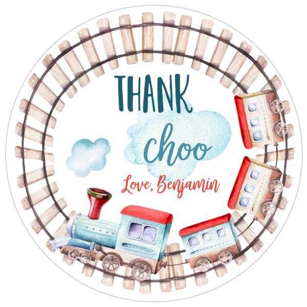Editable Train Birthday Favor Tags - Blue & Red Chugga Choo Stickers Template