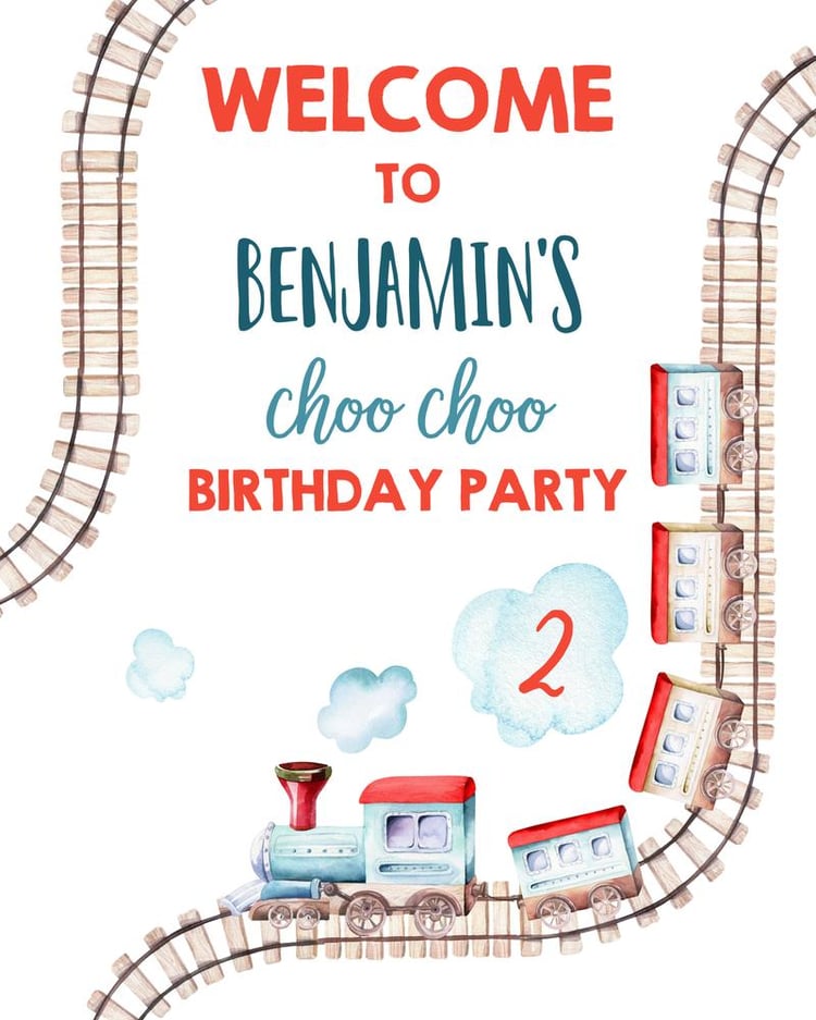 Vintage Train Birthday Welcome Sign Template | Editable Blue Boy Party Poster
