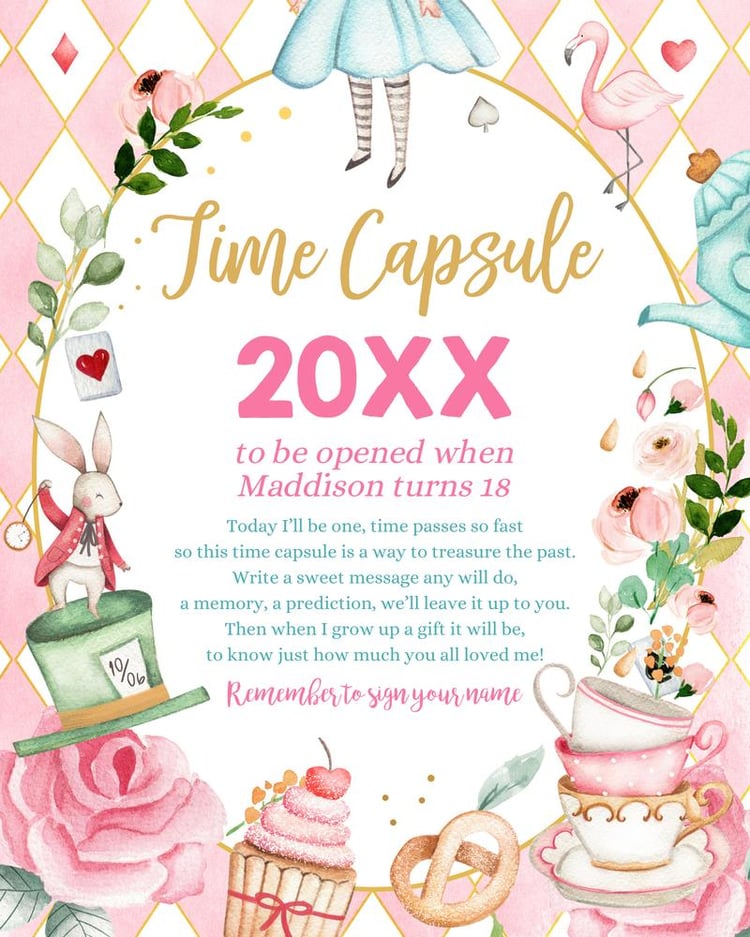 Alice in Onederland Time Capsule Template | First Birthday Guestbook Canva